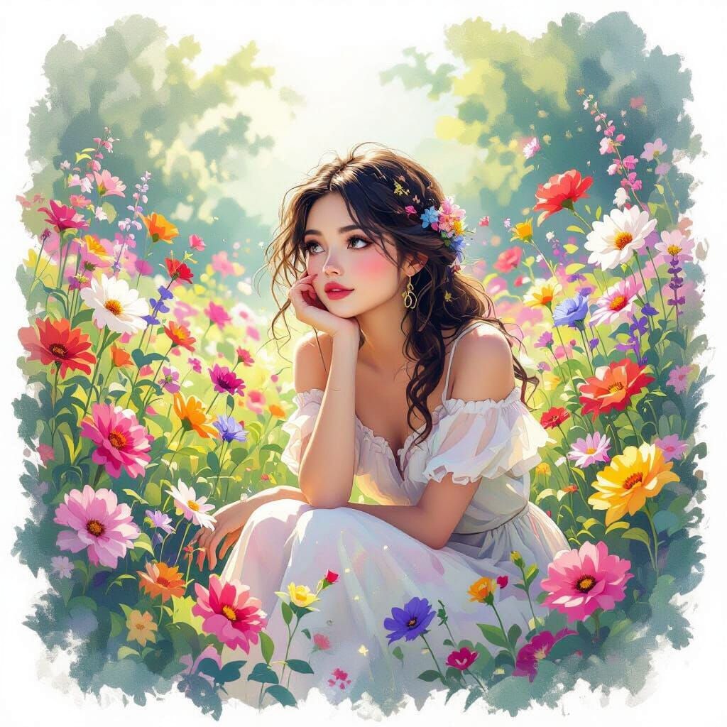Woman in Whimsical Garden with Dreamy Flowers