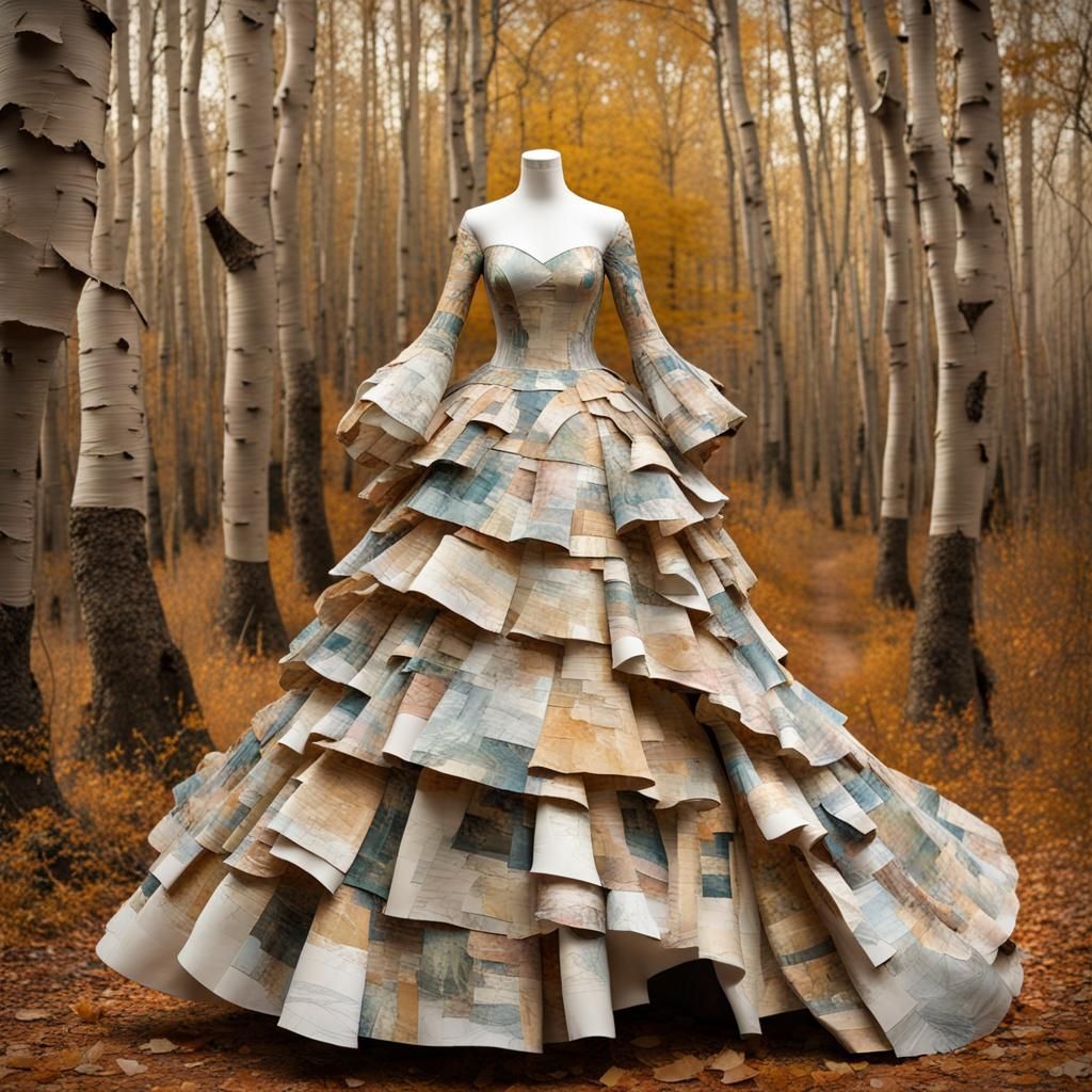 Fine Art Paper Collage :  Gypsy Tiered Ripped Paper  Ball Gown : Aspen Forest Color Palette : Long Flowing Sleeves : 3d ...