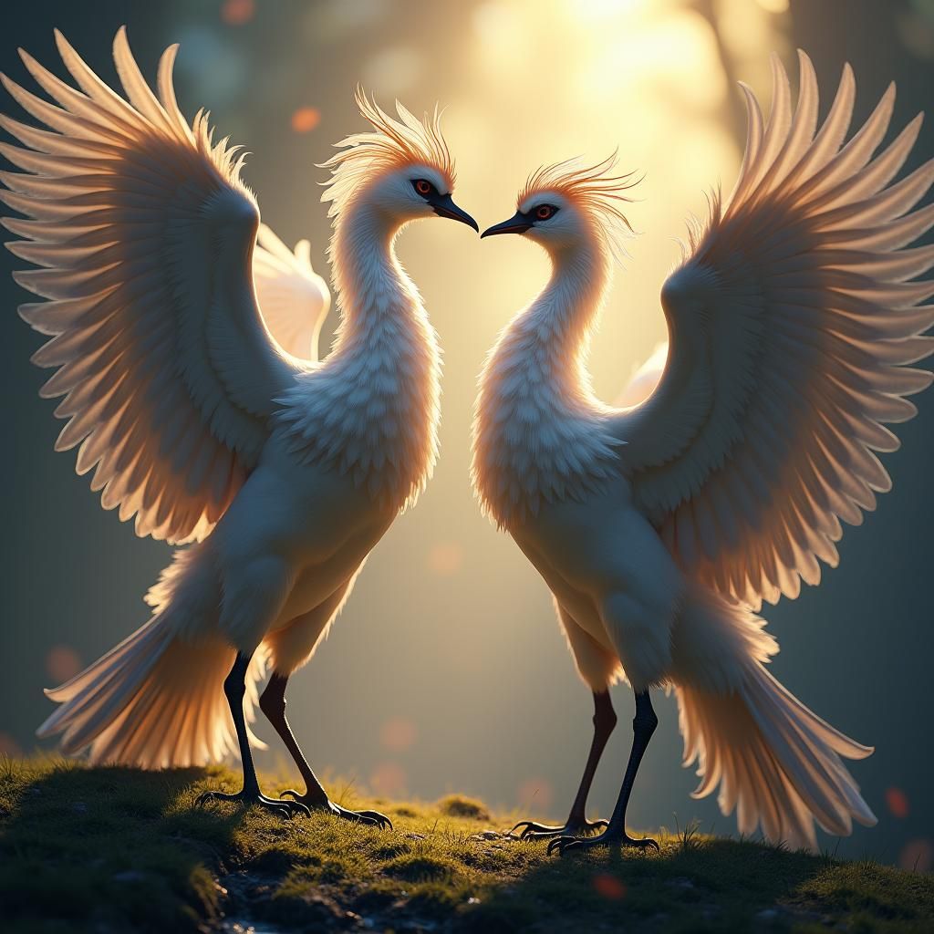 Crane and Heron Unfurling Wings in Fantasy Realm