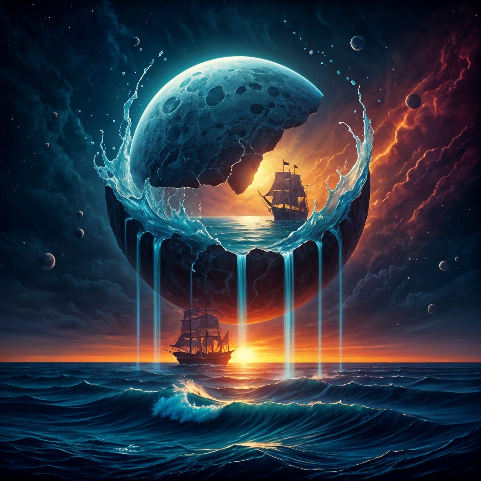 Surreal Moon Reveals Pirate Ship and Nebula