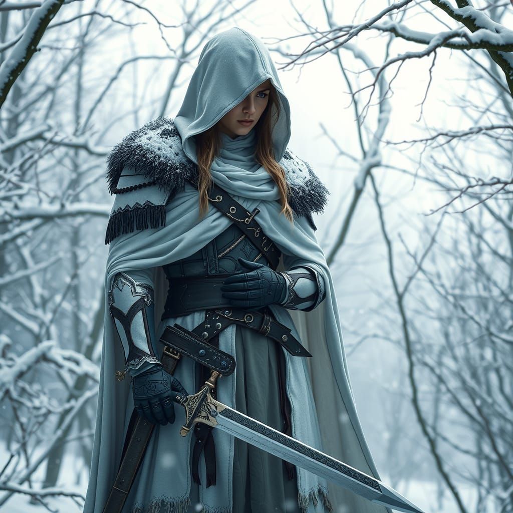 Woman Warrior in Snowy Forest, Hyperrealistic Winter Scene