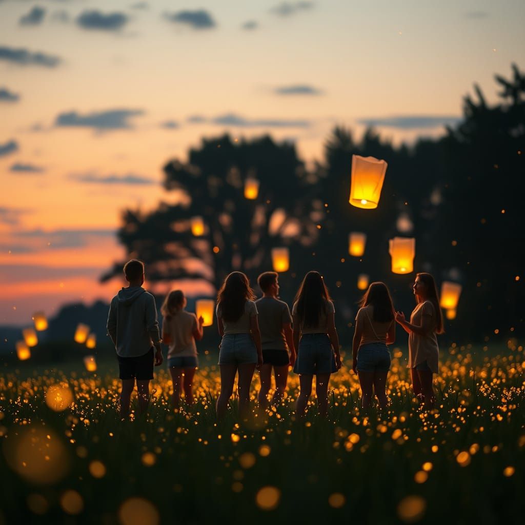 Night Fire with Fireflies and Paper Lanterns