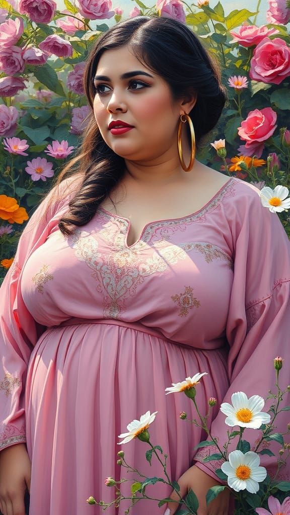 Iranian Woman in Flower Garden as Oil Painting