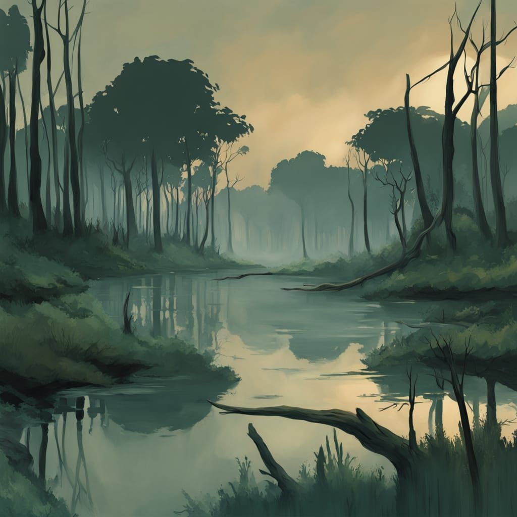 Vibrant Jungle Swamp Scene in Gouache