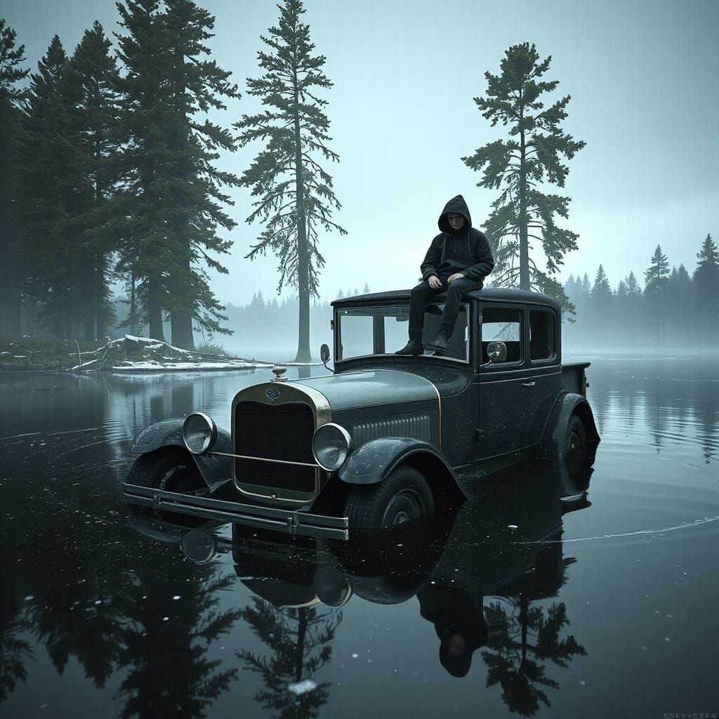 A Teenager on a Stranded Model T Car in a Pine Forest Oil La...