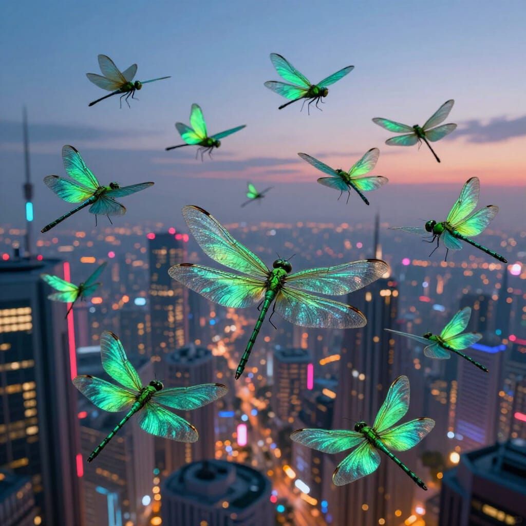 Emerald Dragonflies Descend on Futuristic Cityscape at Twili...