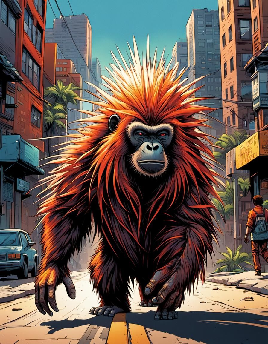 A hybrid of a Porcupine and Orangutan walking on a street