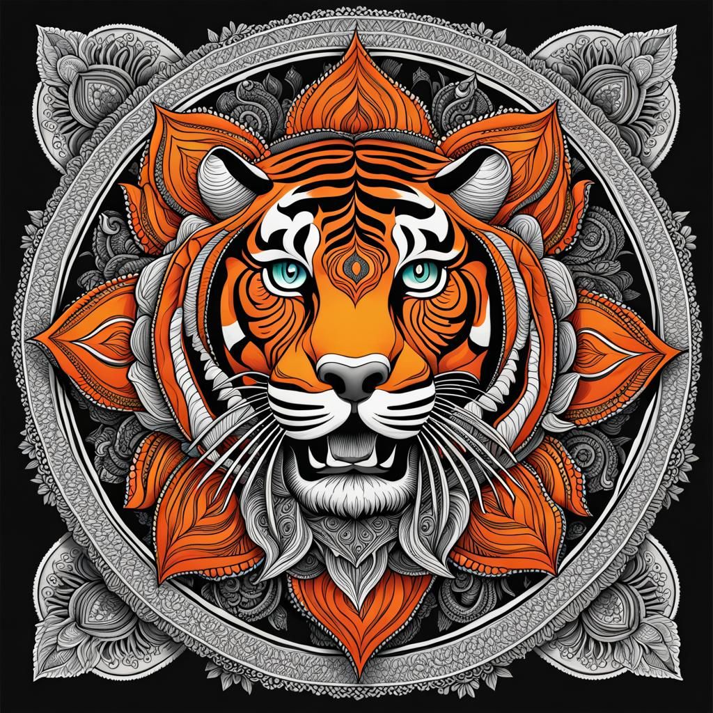 Intricate Tiger Head Mandala Illustration in Vibrant Colors