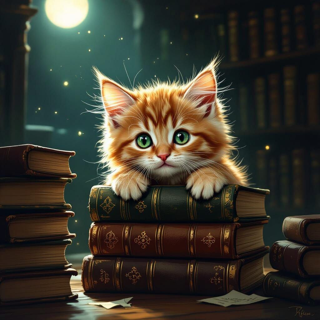 Fluffy Kitten Peeks from Ancient Books in Dim Library