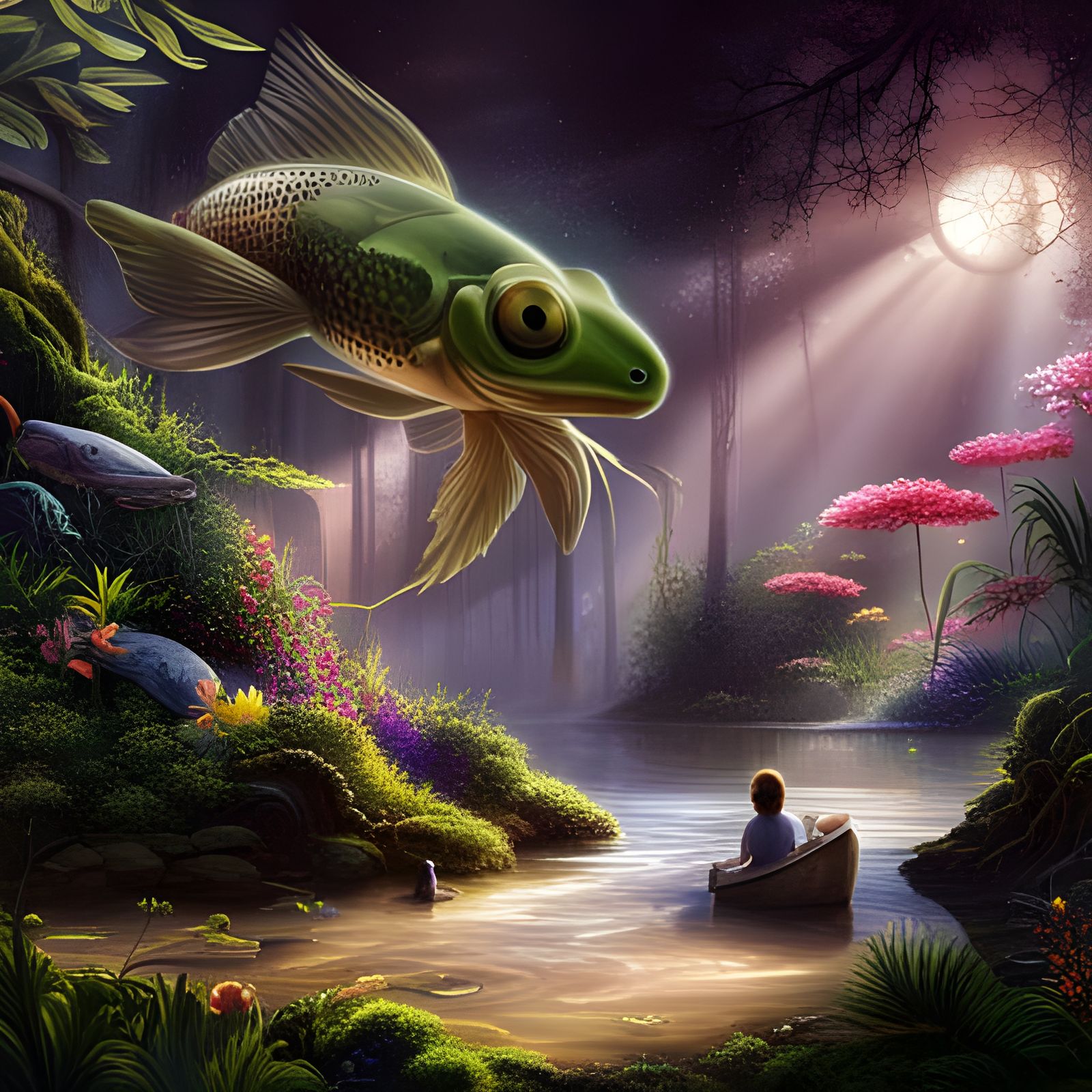 Lush Garden Scene with Large Non-Human Being