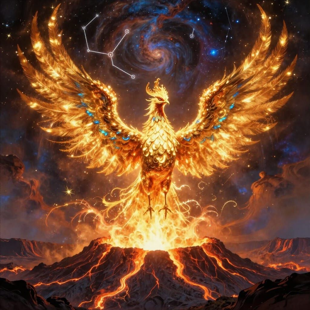 Majestic Phoenix of Gold and Sapphire Erupts from Volcano