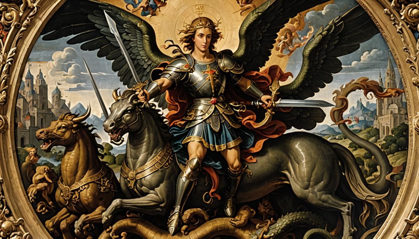 Archangel Michael Slaying Dragon in Golden Armor