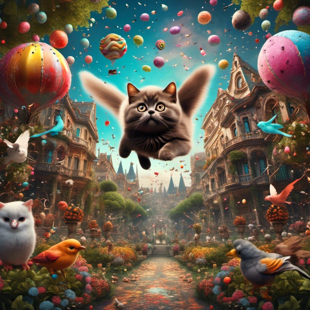 Mystical Garden: A Flying Cat's Dream