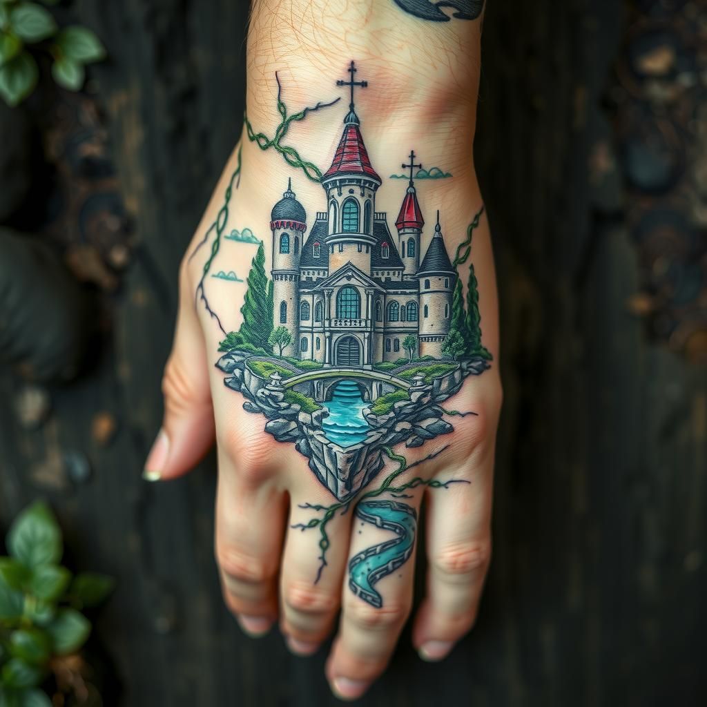 Gothic Mansion Tattoo Merging with Nature
