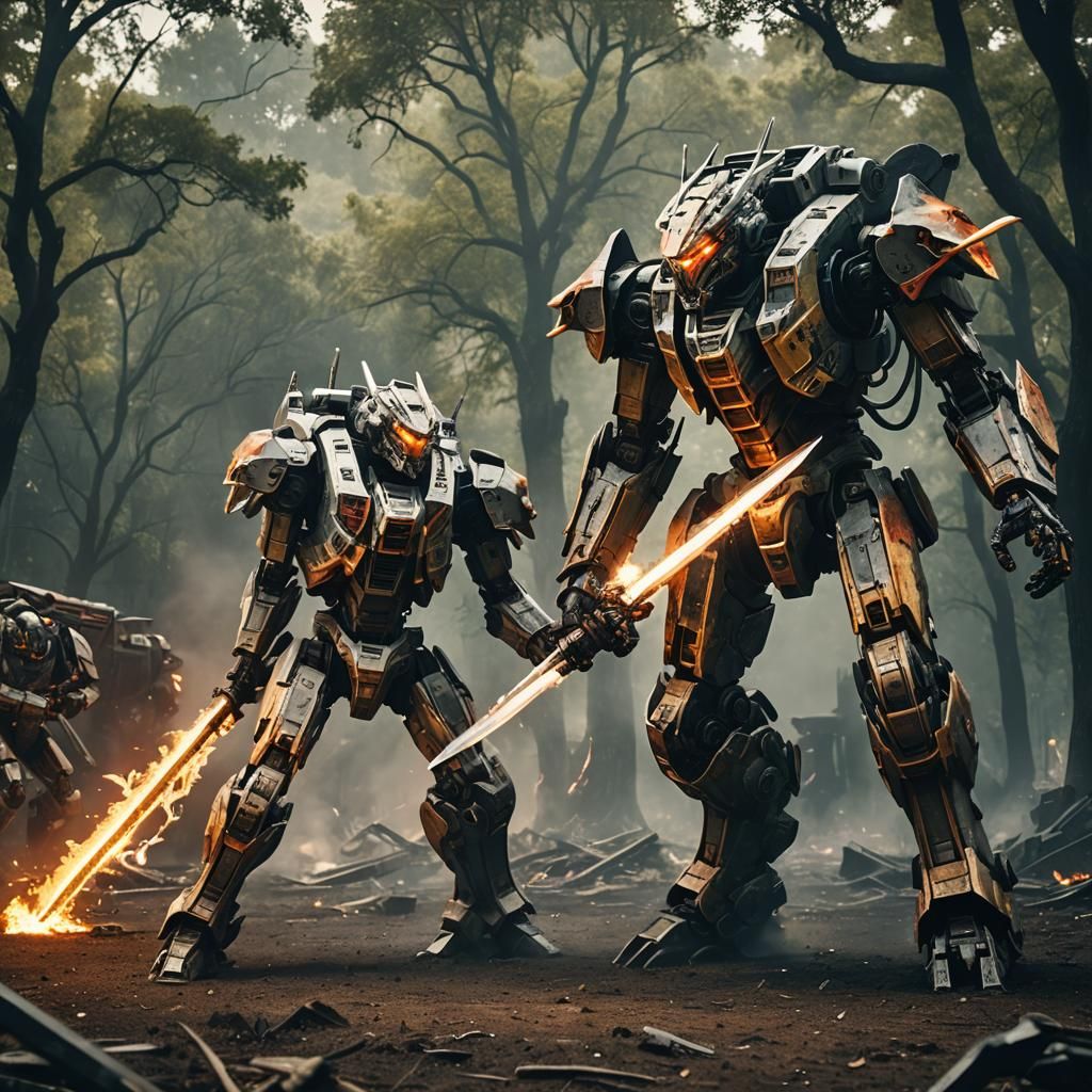 Mechs Clash with Flaming Sword and Sickle