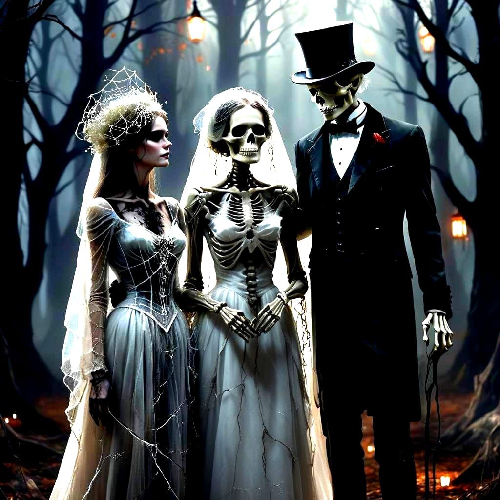 Ghostly Bride with Skeleton Groom: 3D Art