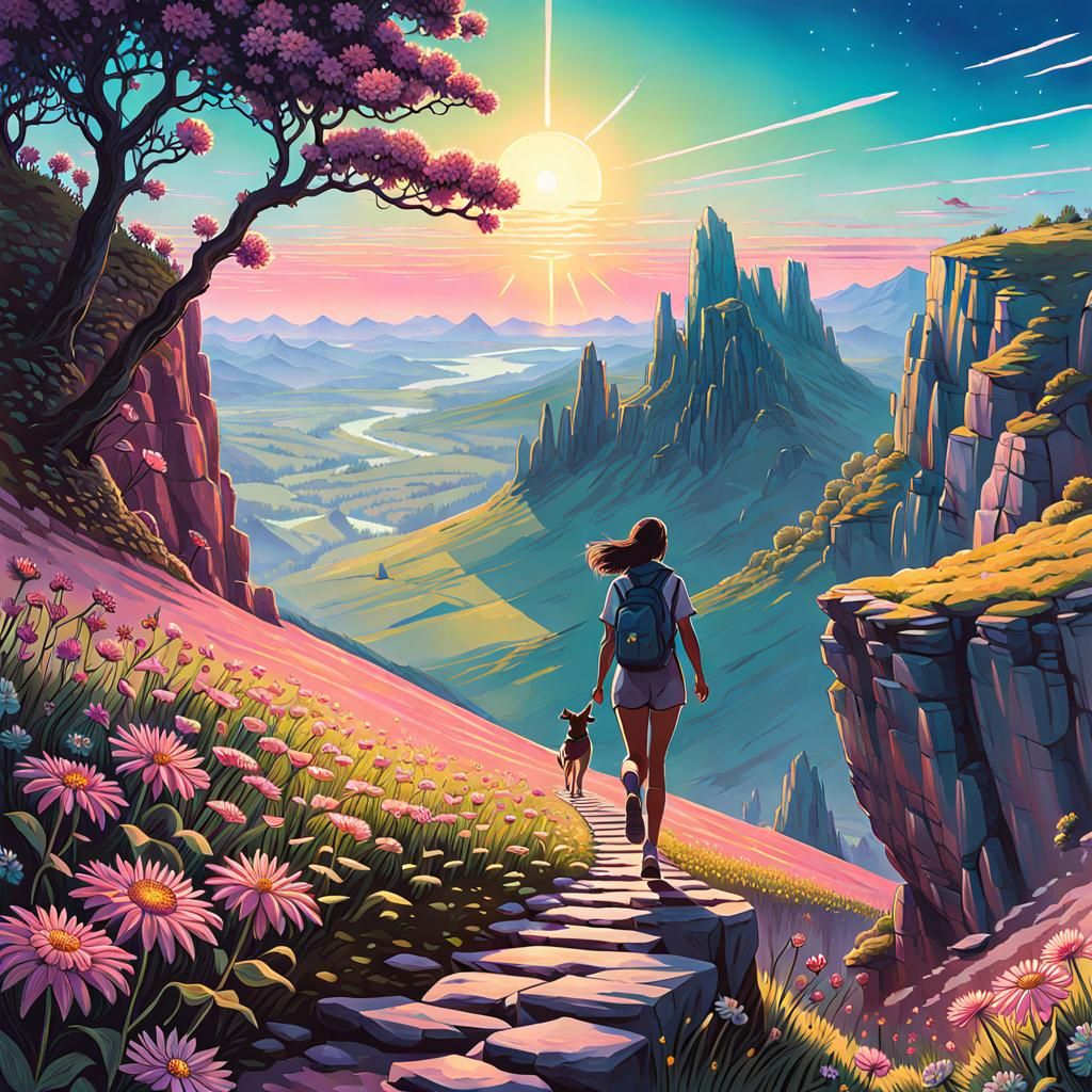 Woman Walks in Flower Field Toward Cliff