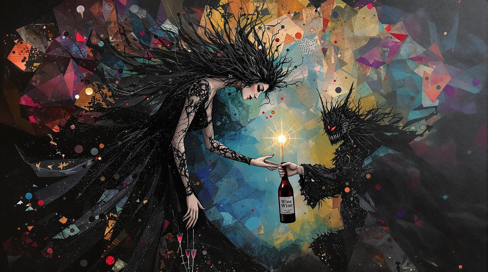 Gothic Lady in Black Dress with Wine in Luminous Collage