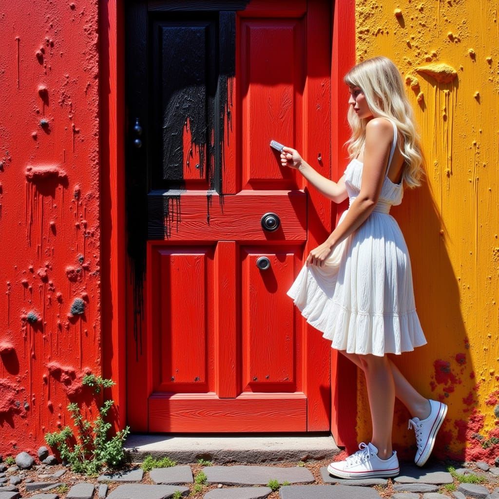 Woman Painting Door in Expressive Style