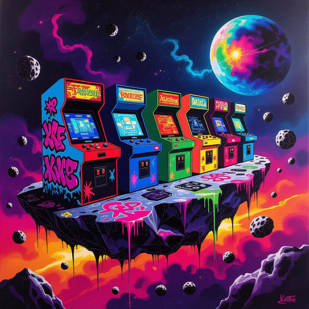 Retro Arcade on Floating Meteorite in Cosmic Space