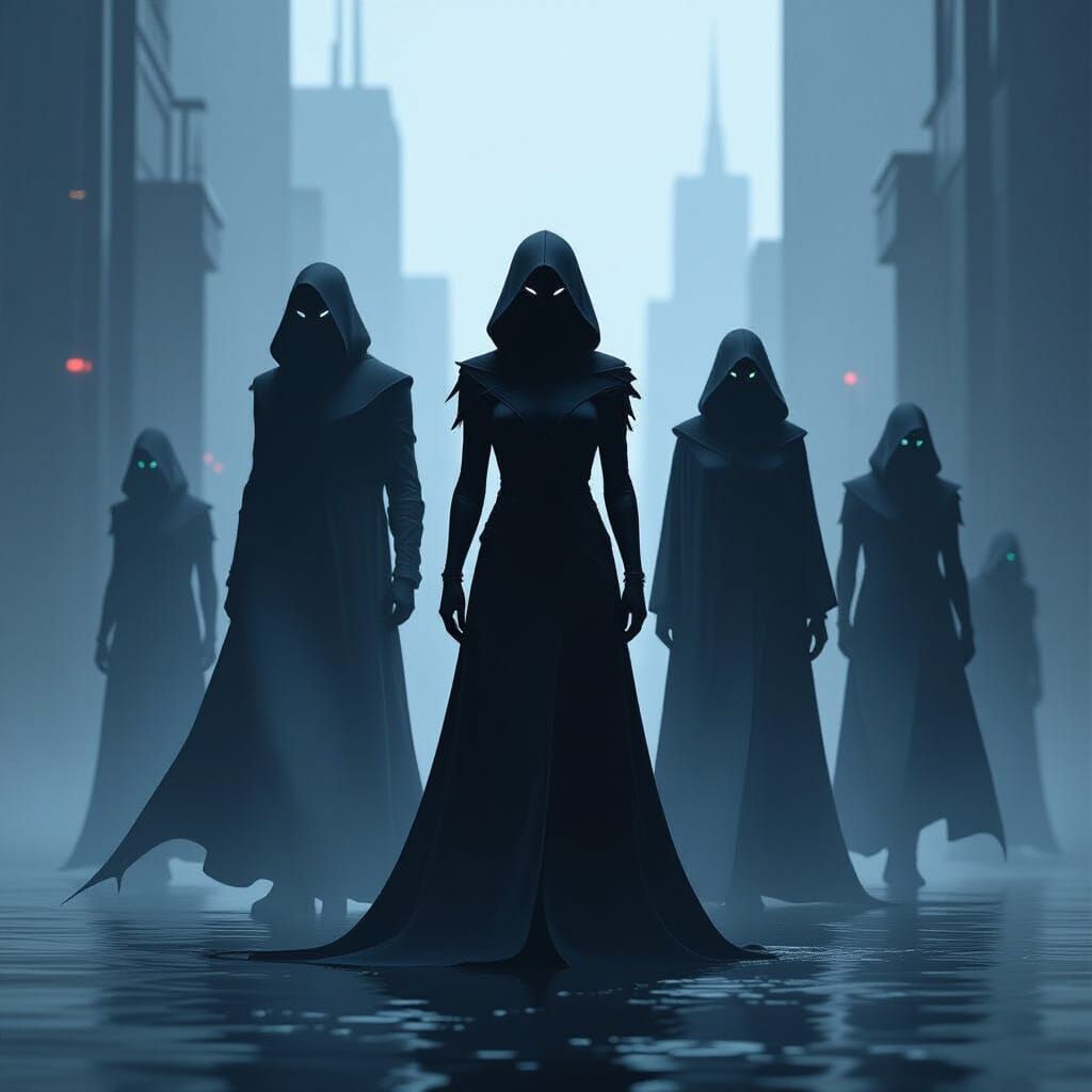 Guardian Silhouettes: Futuristic Noir Digital Art