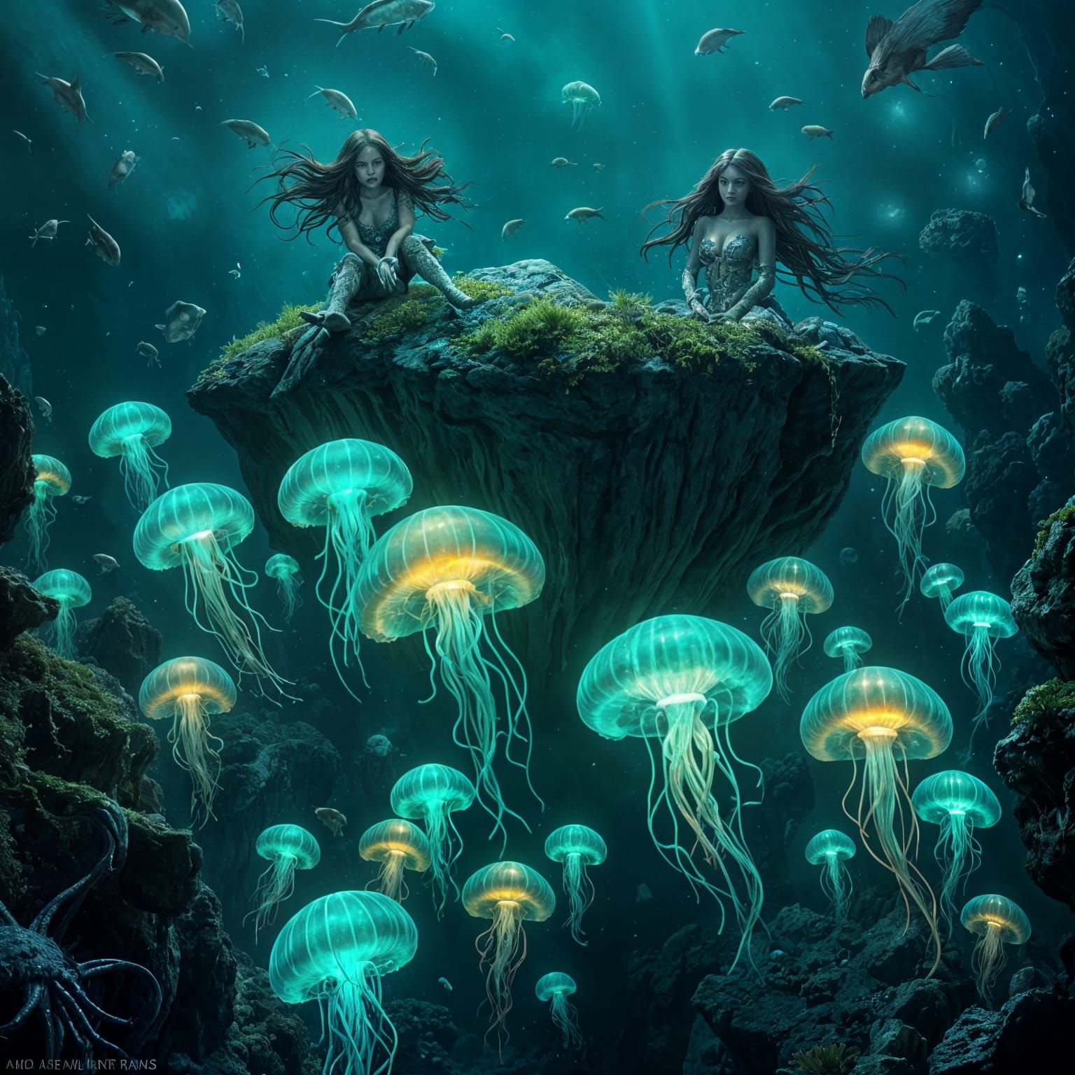 Bioluminescent Jellyfish with Evil Mermaids in Deep Ocean