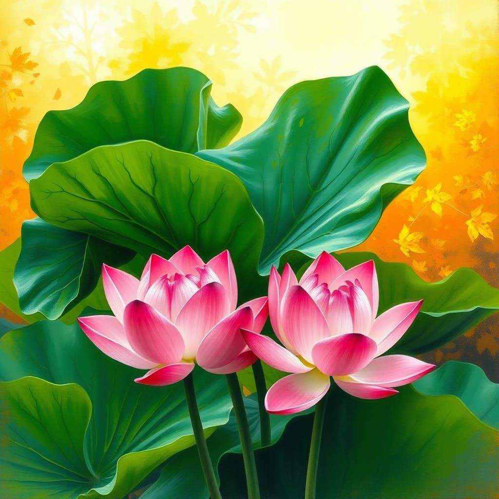 Lotus Plant in Impressionistic Fall Landscape