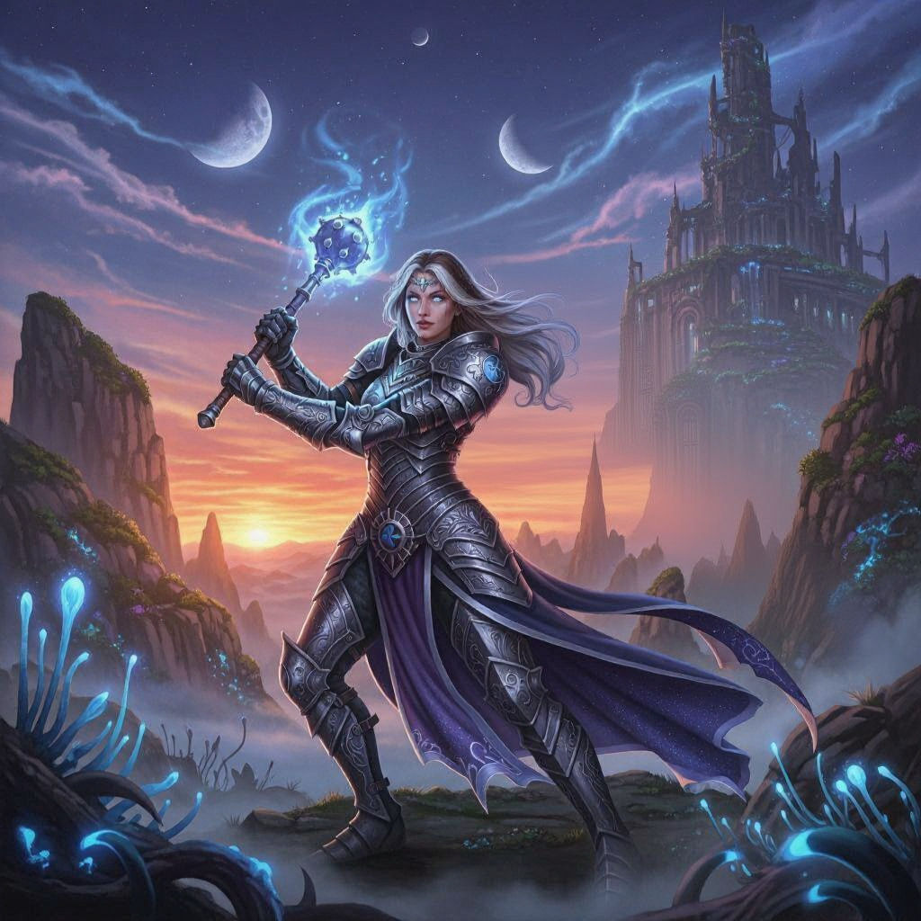 Aasimar Cleric with Glowing Mace, Digital Art