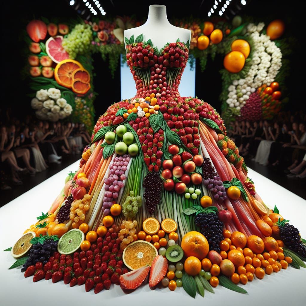 Art by Giuseppe Arcimboldo, elegant dress made of fresh frui...