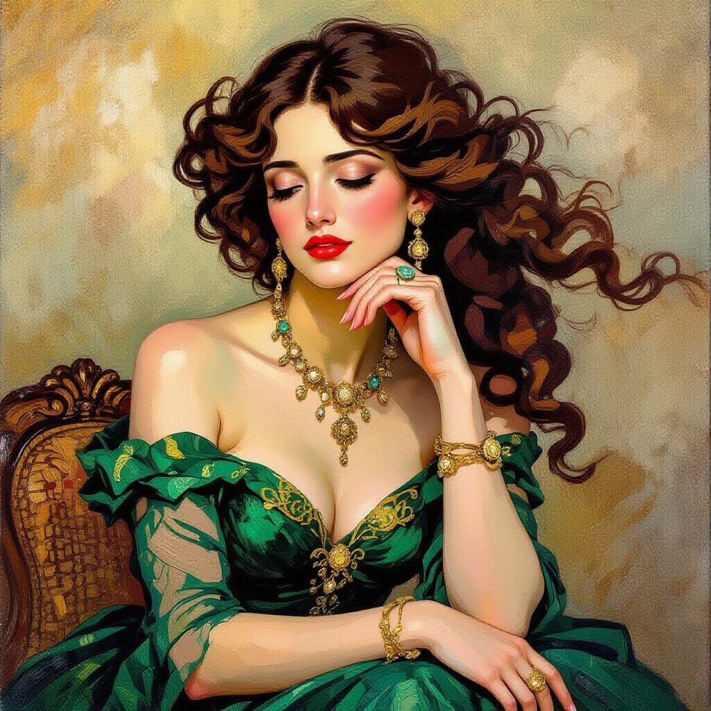 Soulful Post-Impressionist Woman in Emerald Gown