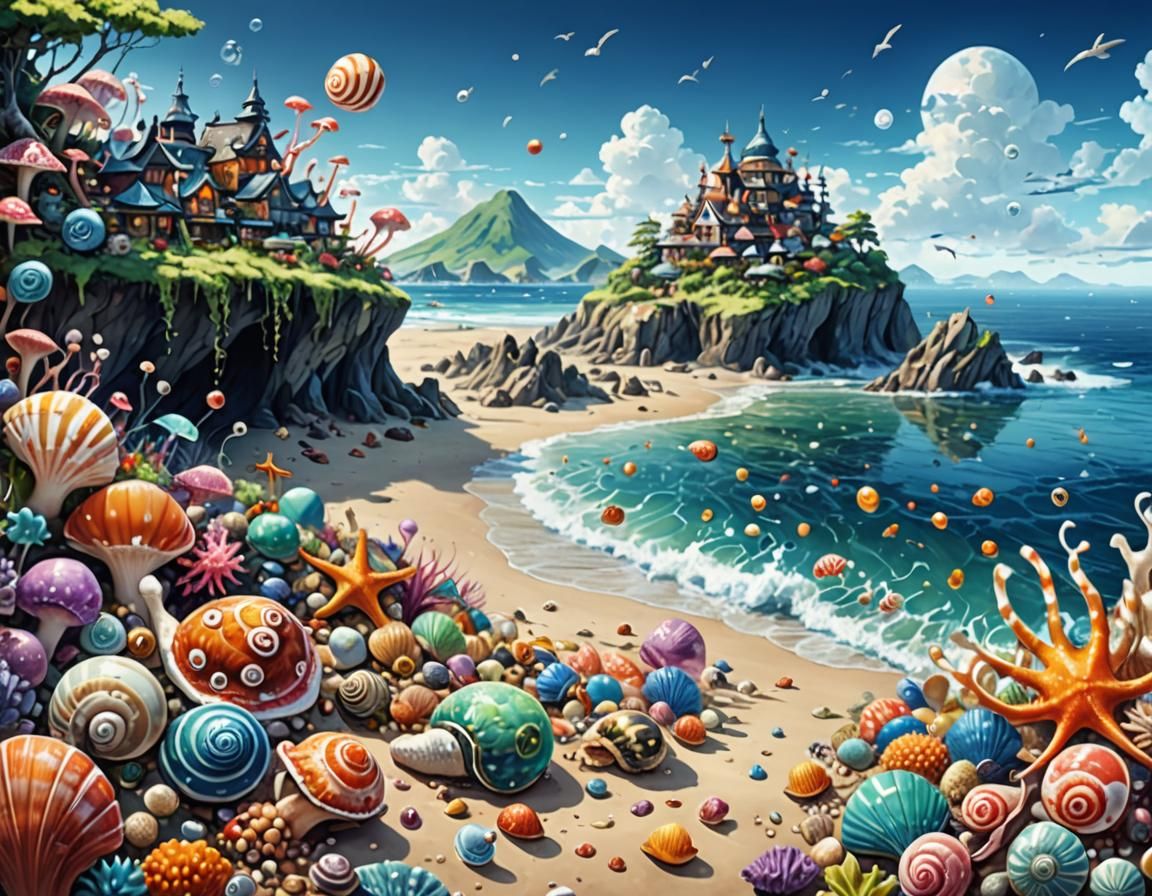 Surreal Shore Landscape with Exotic Sea Creatures
