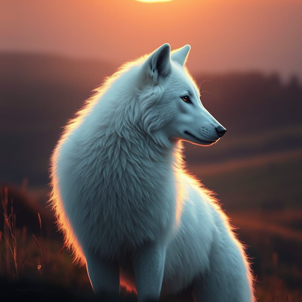 White Wolf in Sunset Light, Dreamy Atmospheric Style