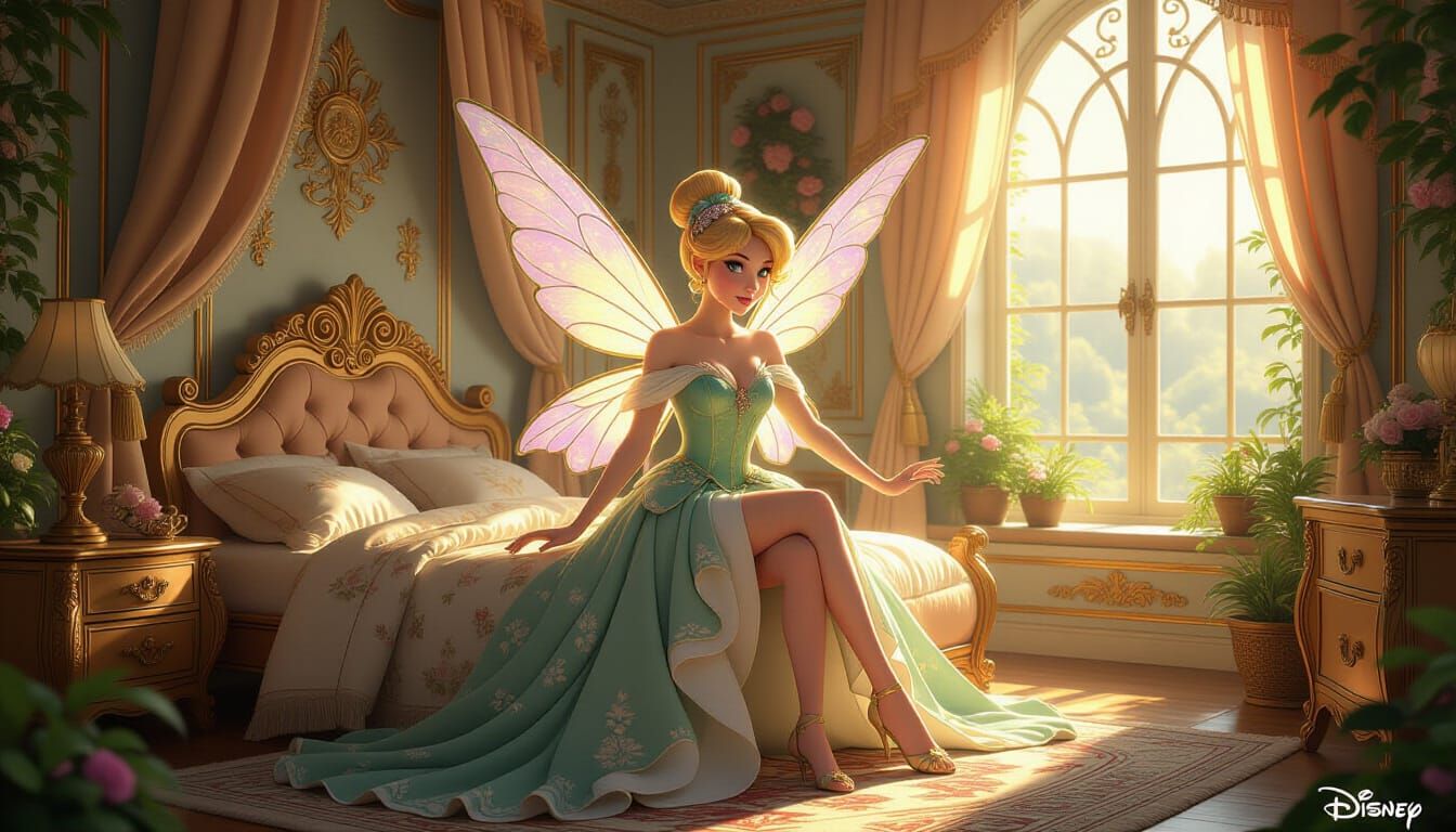 Disney Fairy in Opulent Bedroom: Hyperrealistic Digital Art