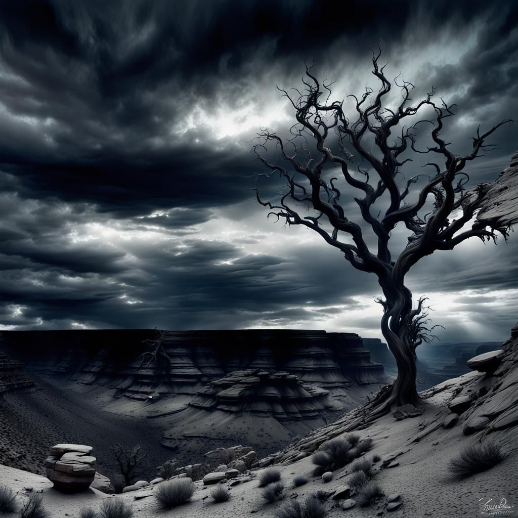 Dystopian Canyon Landscape with Solitary Tree