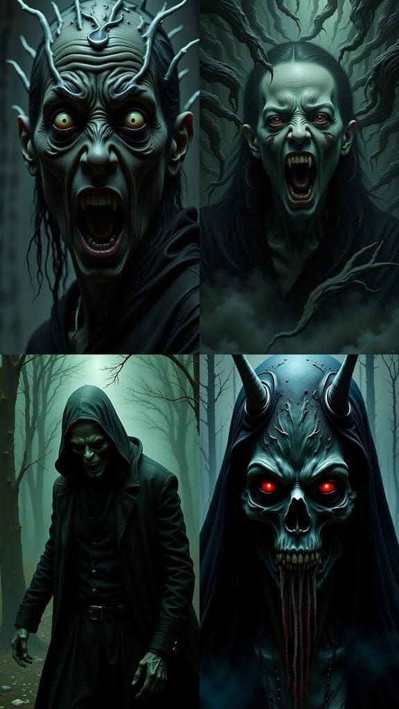 Dark and Ominous Figure in Hellish Landscape