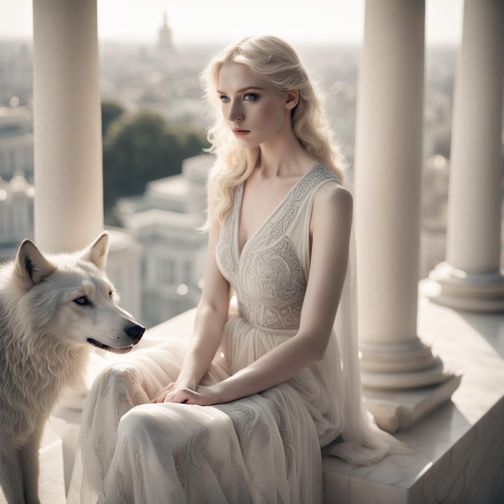 Ethereal Portrait of Woman with Wolf in Soft Focus