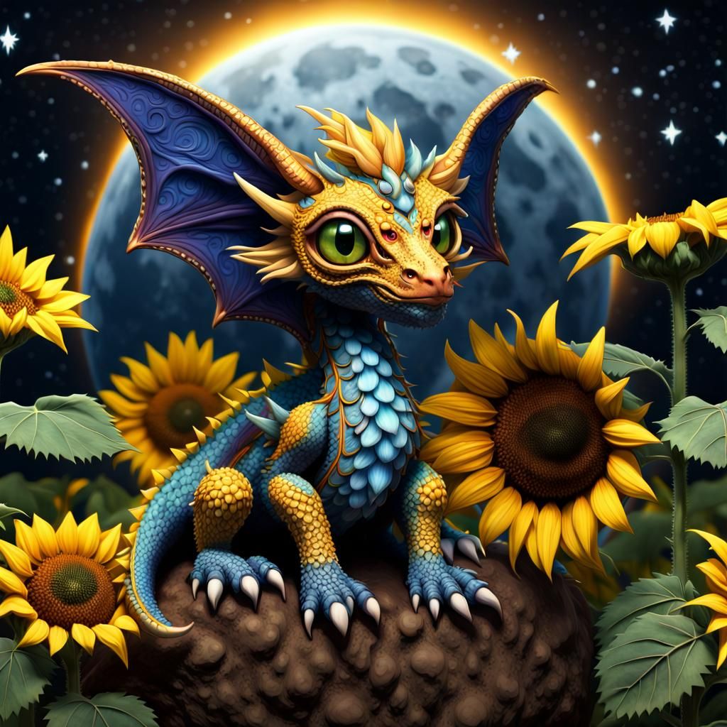 Detailed Baby Dragon in Sunflower Field