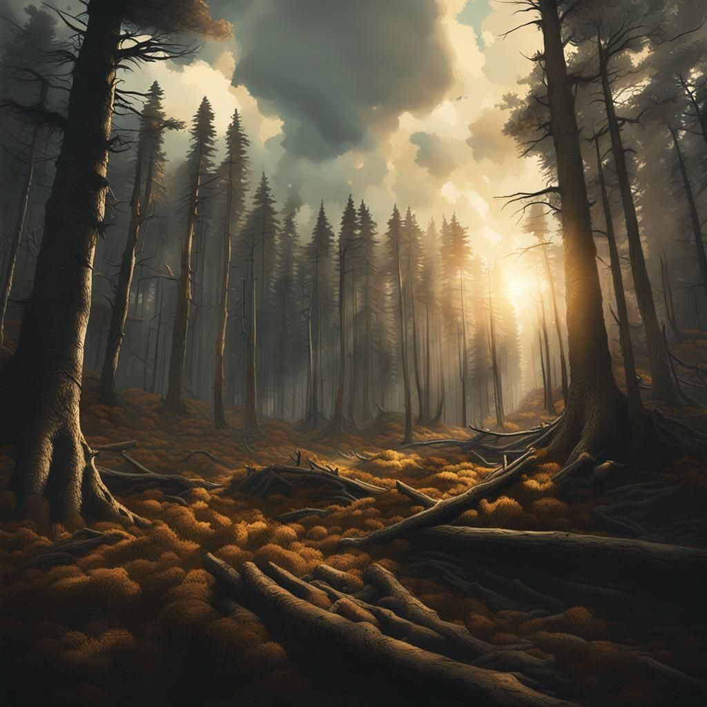 Dramatic Sunlit Forest Landscape Matte Painting