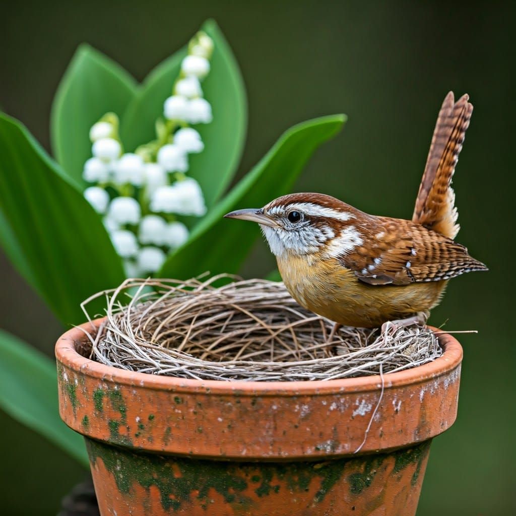 Surreal Whimsical Garden Scene with Carolina Wren