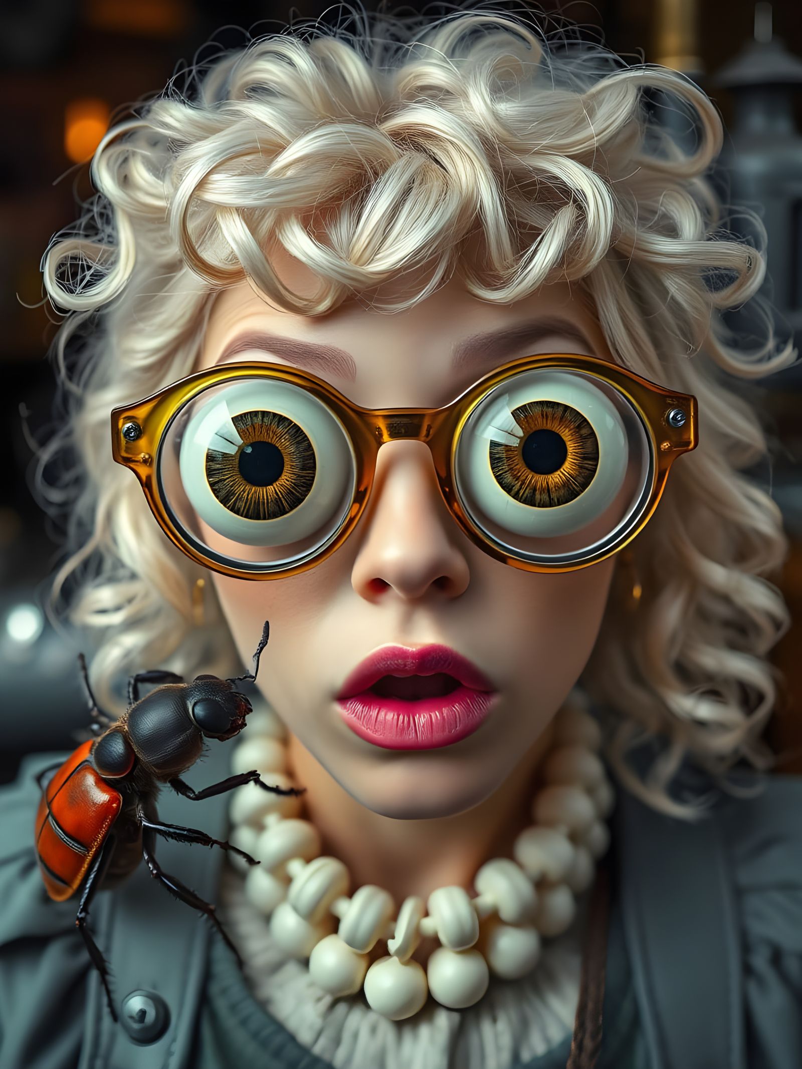 Steampunk Lady Wears Curly Albino Eyeglasses with Built-in E...
