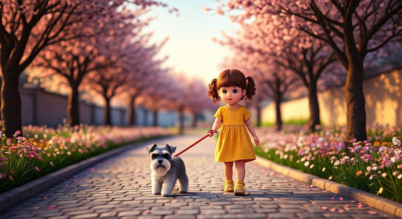 Girl and Schnauzer Stroll in Anime-Inspired 3D Render