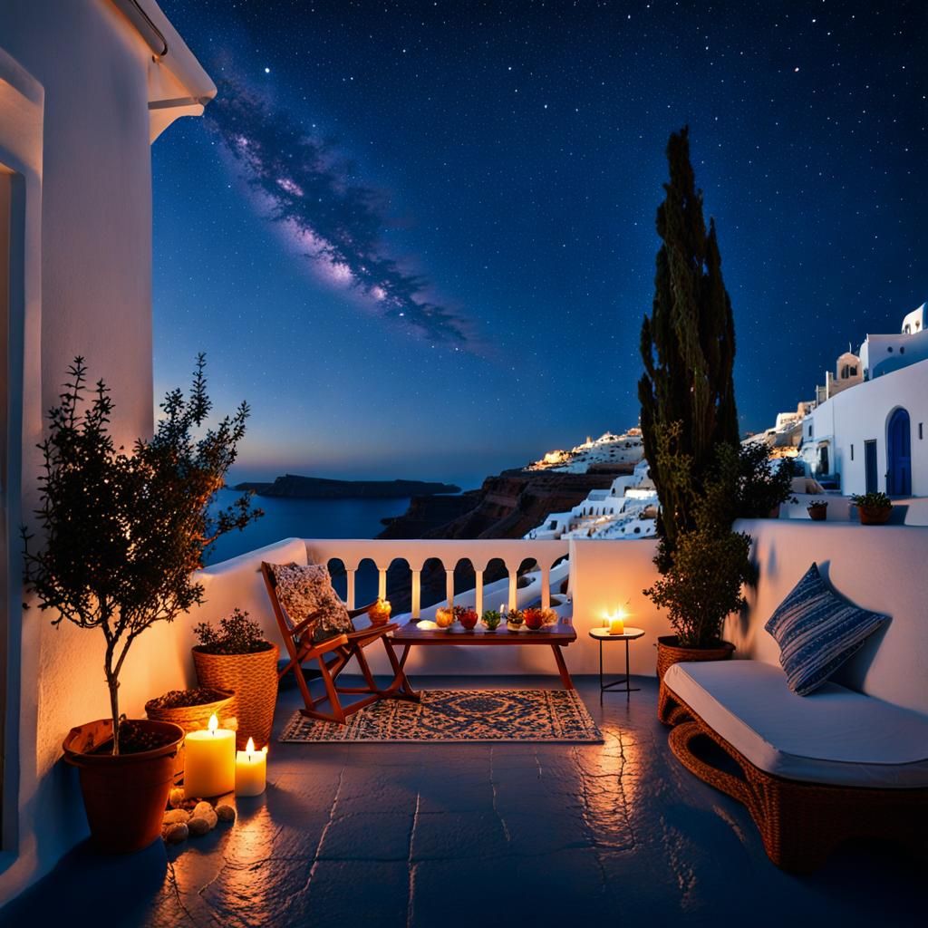 Santorini Porch at Night Under Starry Sky