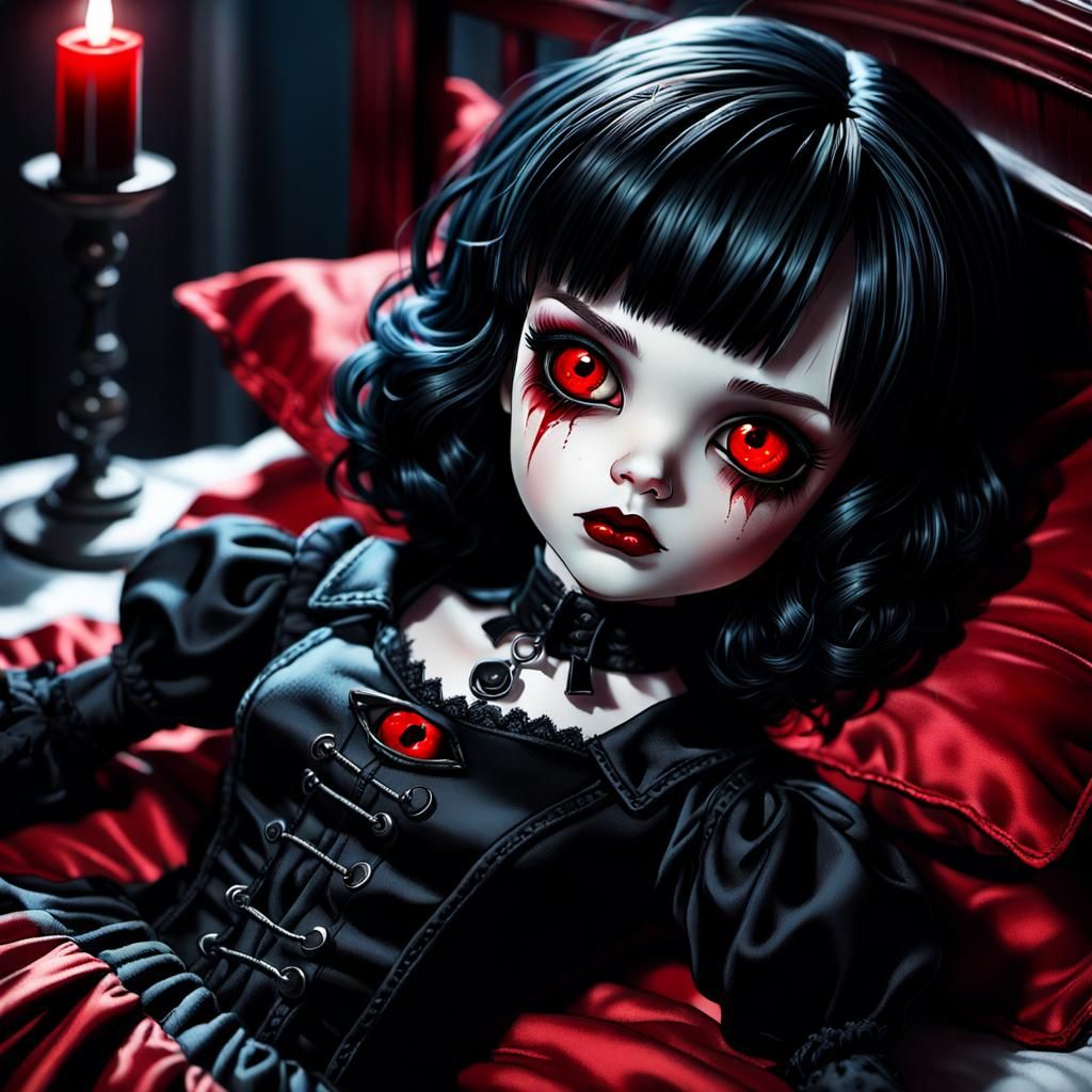 Gothic Doll with Red Eyes in Comic Book Style