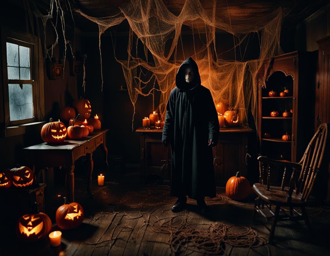 Eerie Halloween Figure in Dimly Lit Room