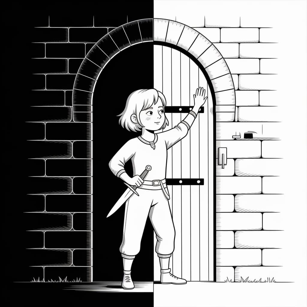 Girl in Medieval City Doorway, Black and White Contrast