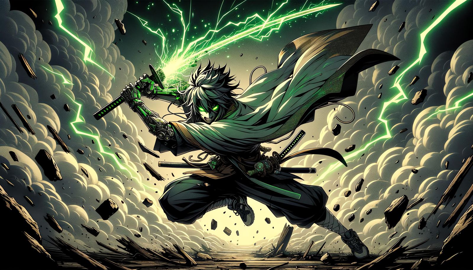 Anime-Style Swordsman Unleashes Green Energy Attack