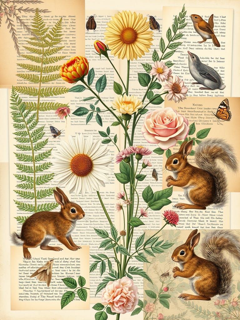 Vintage Botanical Collage with Flora and Fauna