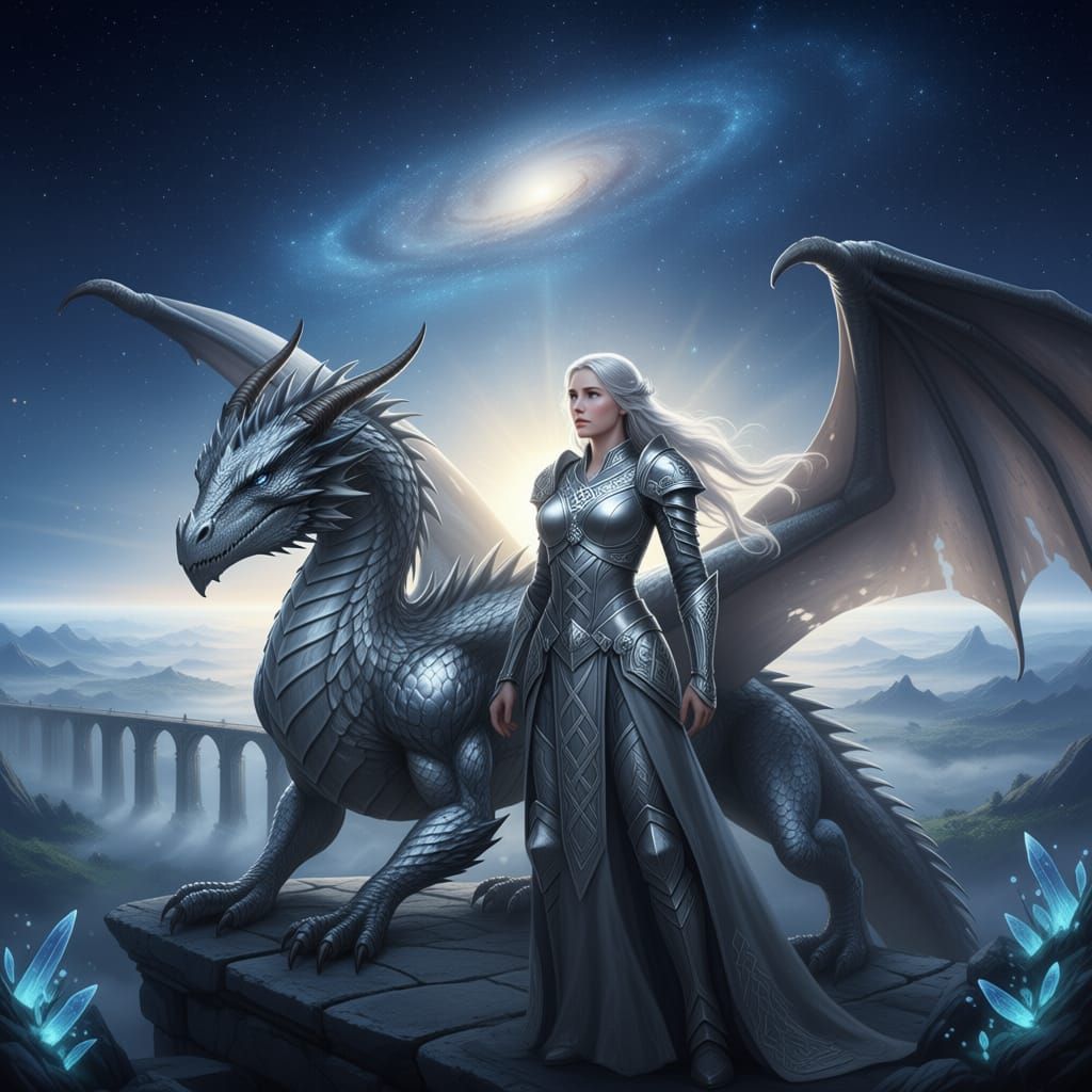 Fantasy Warrior and Dragon on Moon-Earth Bridge