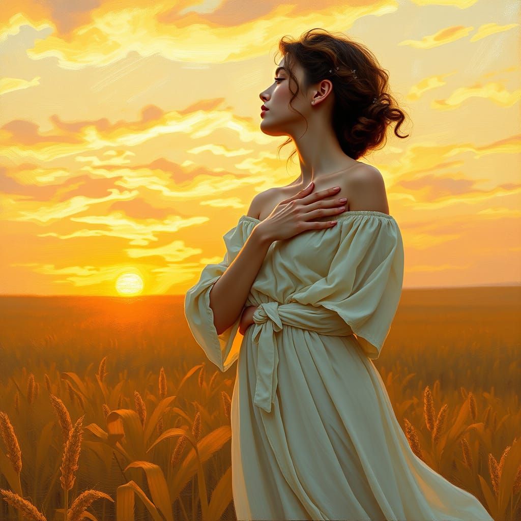Golden Field Sunset: A Romantic Classical Painting