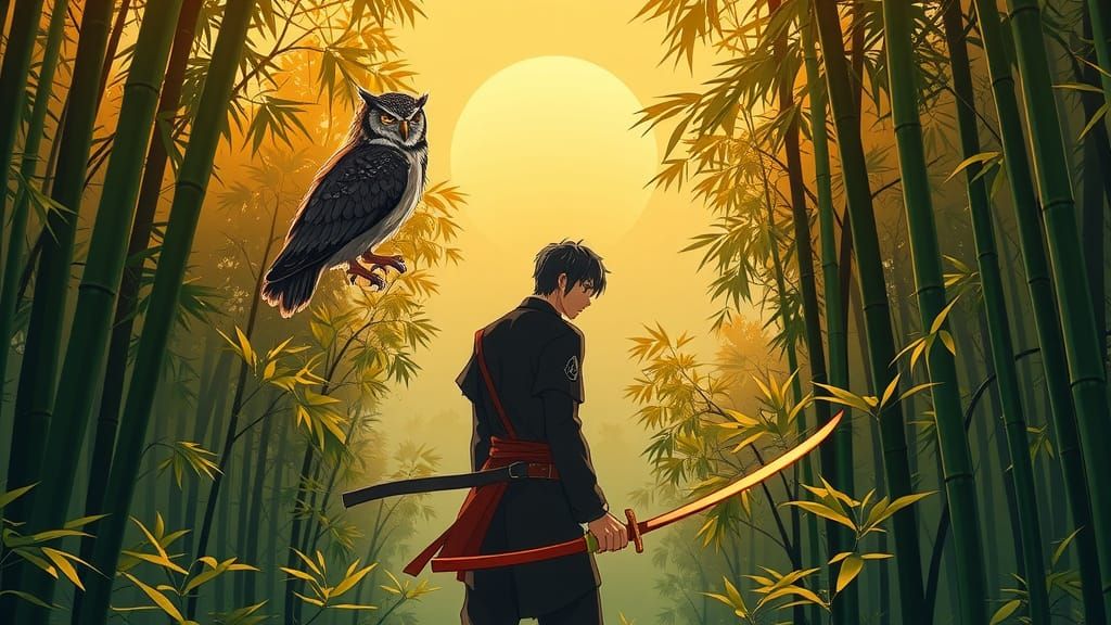 Swordsman and Owl in Bamboo Forest: Manga Style